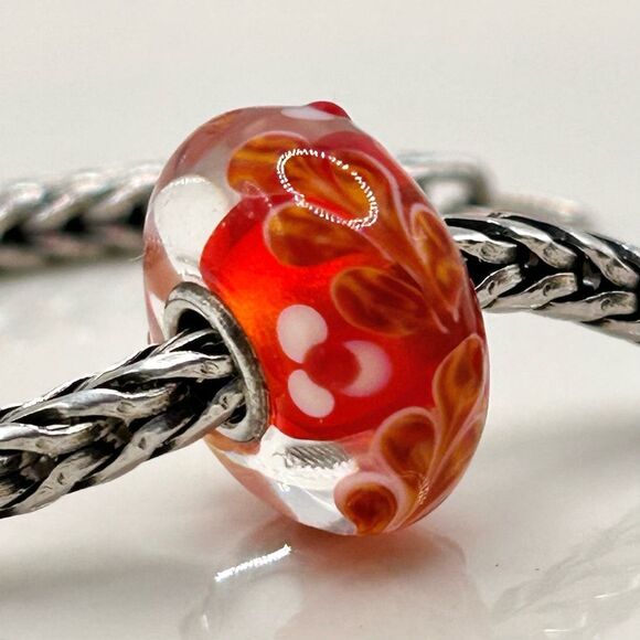 TROLLBEADS Orange Coral Red Flower Unique LAA 925S NEW! w Leaves - Picture 5 of 6